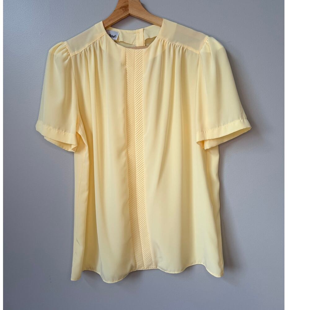 Vintage Gailord Pale Yellow Blouse Size 12 Pleated Front Chiffon Top 70s 80s